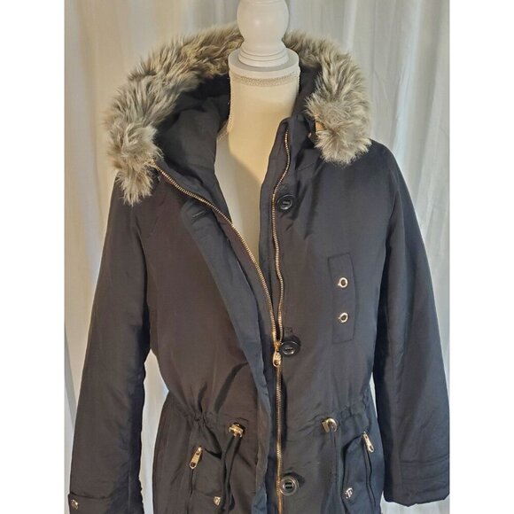 Steve Madden Parka Black Faux Fur Trim And Lining Removable Hood Sz M Penny Lane - Picture 7 of 16